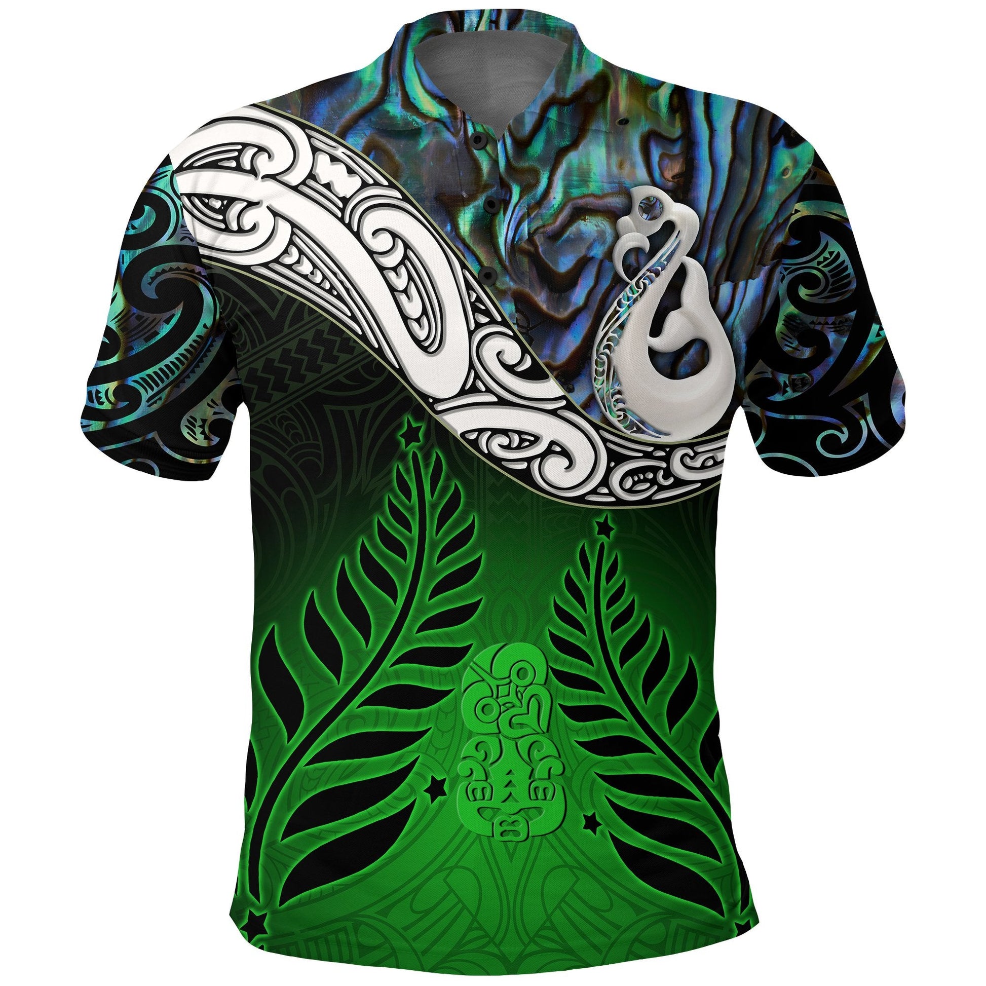New Zealand Maori Polo Shirt - Manaia Paua Shell Glitter Green