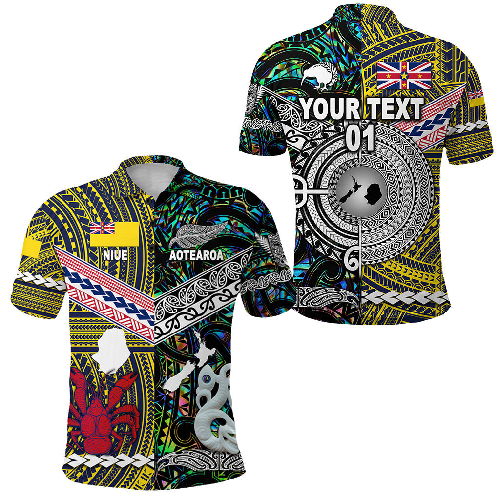Custom Personalised New Zealand Maori Aotearoa And Niue Together Polo Shirt - Paua Shell, Custom Text And Number