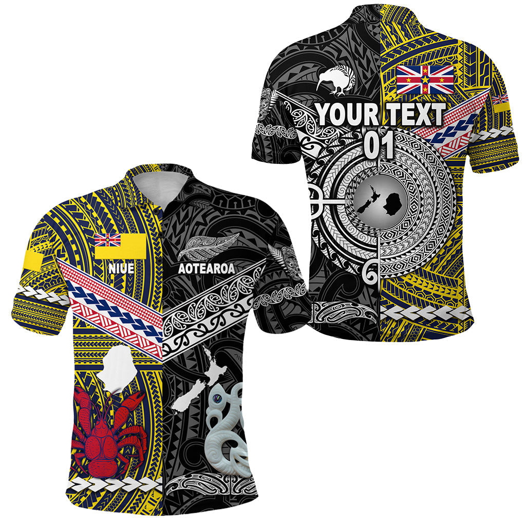 Custom Personalised New Zealand Maori Aotearoa And Niue Together Polo Shirt - Black, Custom Text And Number