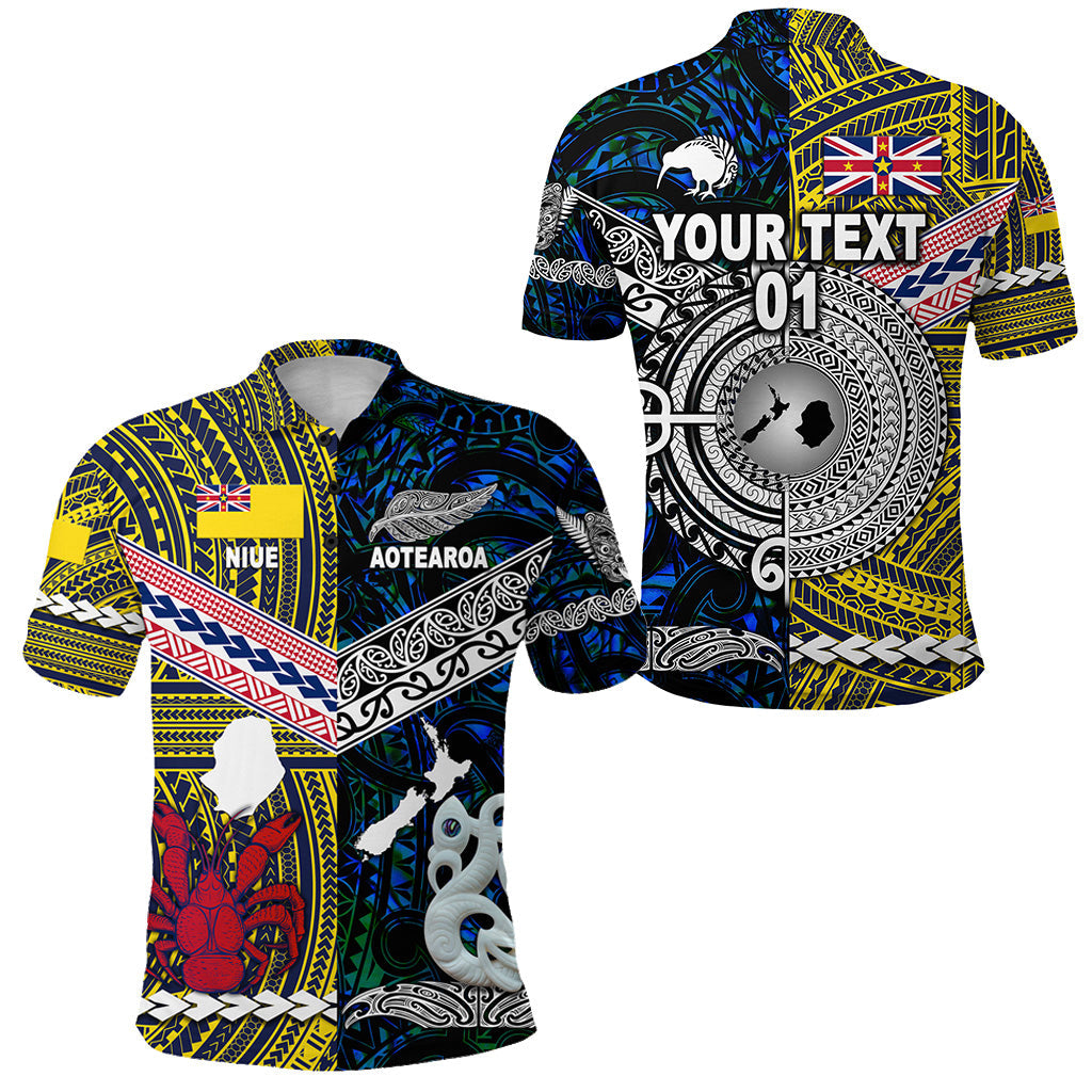 Custom Personalised New Zealand Maori Aotearoa And Niue Together Polo Shirt - Blue, Custom Text And Number