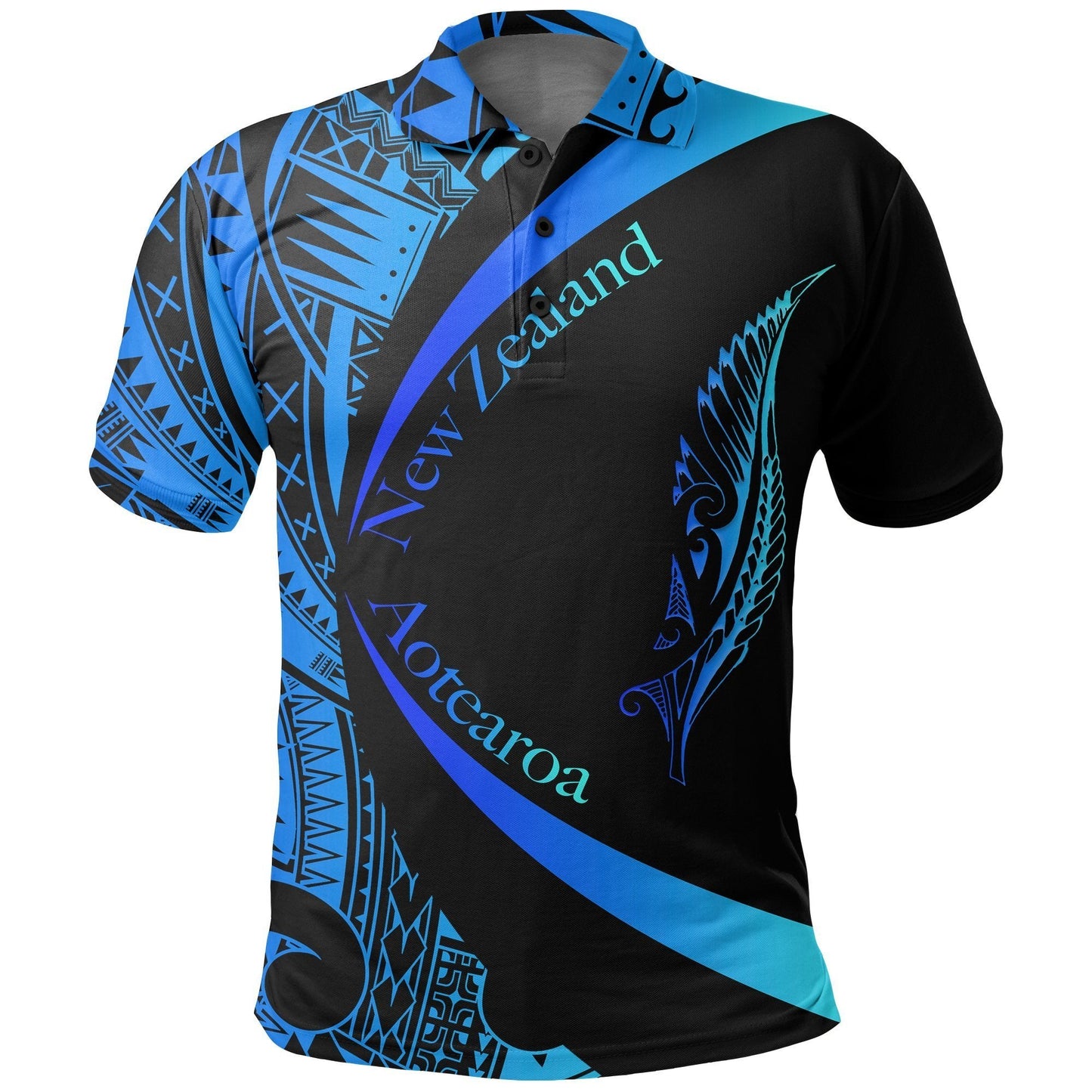 New Zealand Silver Fern Polo Shirt Maori Tattoo Circle Style - Blue
