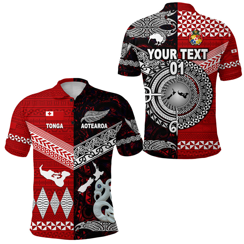 Custom Personalised New Zealand Maori Aotearoa Tonga Polynesian Together Polo Shirt - Red, Custom Text And Number