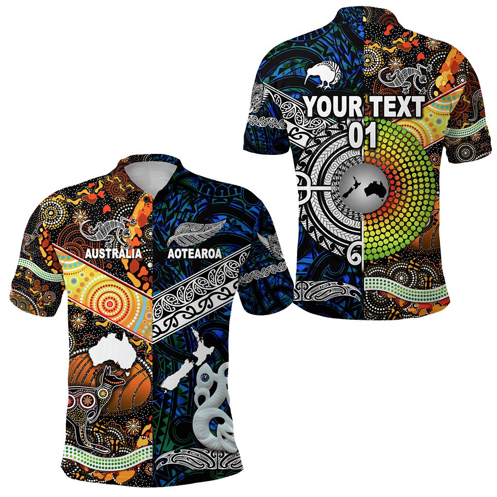 Custom Personalised New Zealand Maori Aotearoa And Australia Aboriginal Polo Shirt Together - Blue, Custom Text And Number