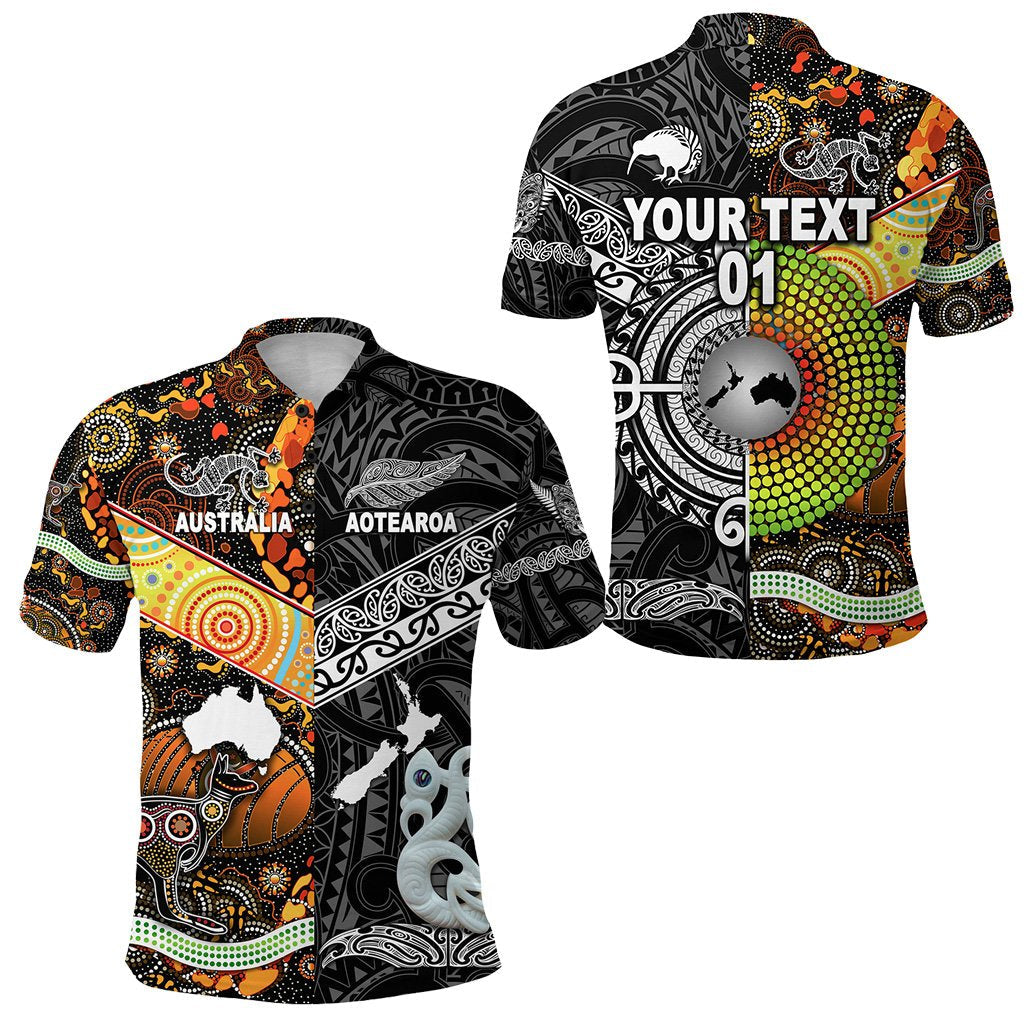 Custom Personalised New Zealand Maori Aotearoa And Australia Aboriginal Polo Shirt Together - Black, Custom Text And Number