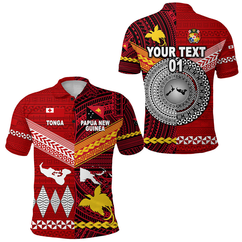 Custom Personalised Papua New Guinea And Tonga Polo Shirt Polynesian Together - Bright Red, Custom Text And Number