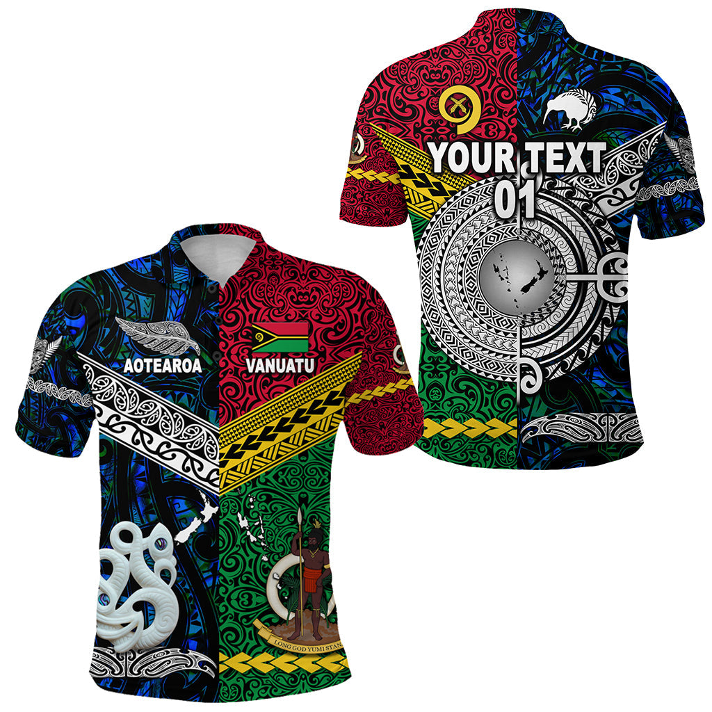 Custom Personalised Vanuatu And New Zealand Polo Shirt Together - Blue, Custom Text And Number