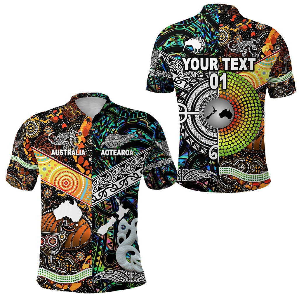 Custom Personalised New Zealand Maori Aotearoa And Australia Aboriginal Polo Shirt Together - Paua Shell, Custom Text And Number