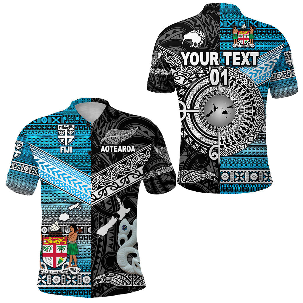 Custom Personalised New Zealand Maori Aotearoa Fiji Tapa Together Polo Shirt - Black, Custom Text And Number