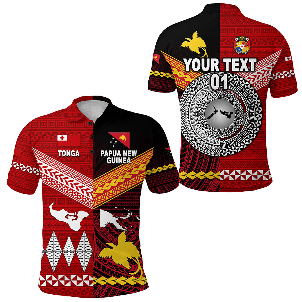 Custom Personalised Papua New Guinea And Tonga Polo Shirt Polynesian Together - Red, Custom Text And Number