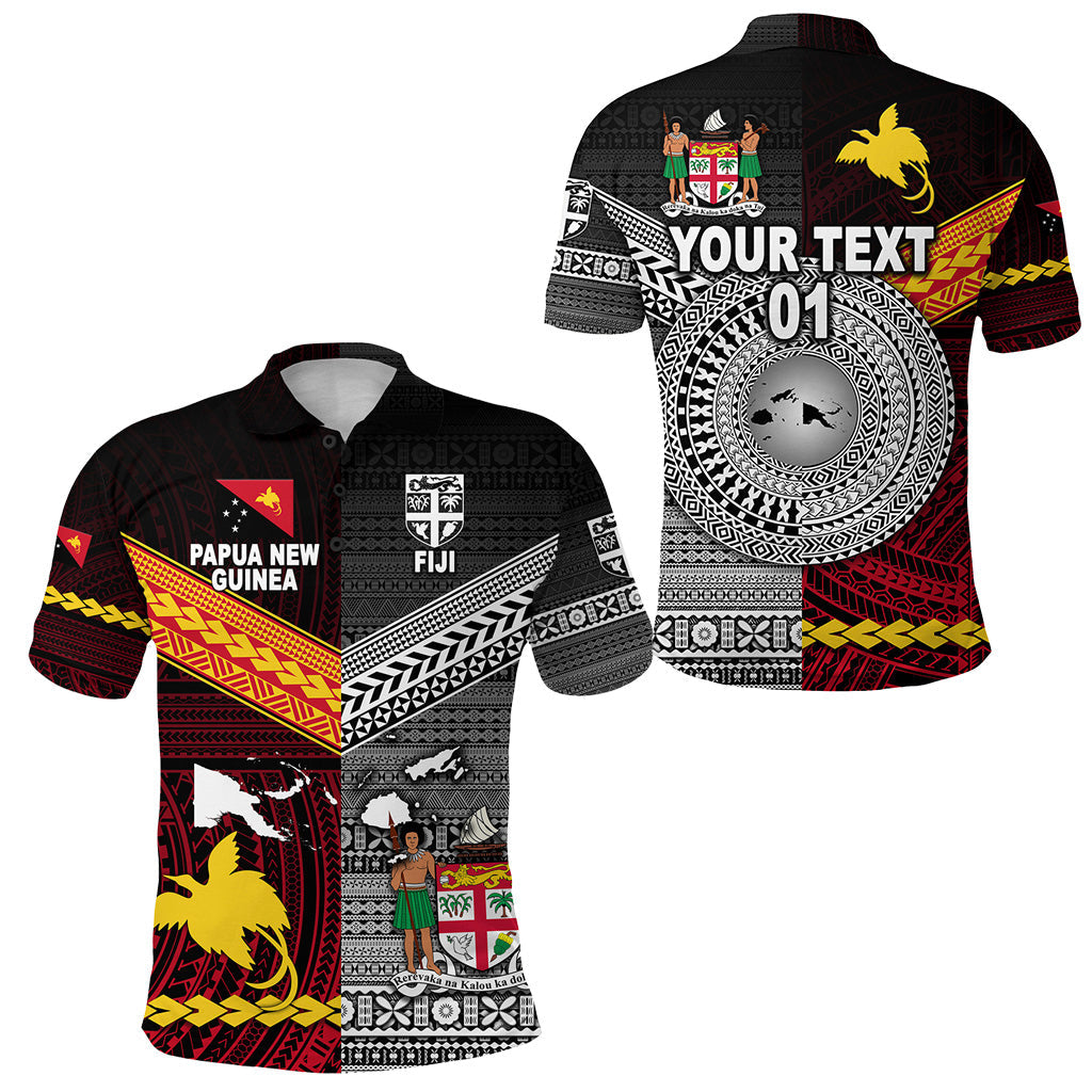 Custom Personalised Papua New Guinea Polynesian And Fiji Tapa Together Polo Shirt - Black, Custom Text And Number