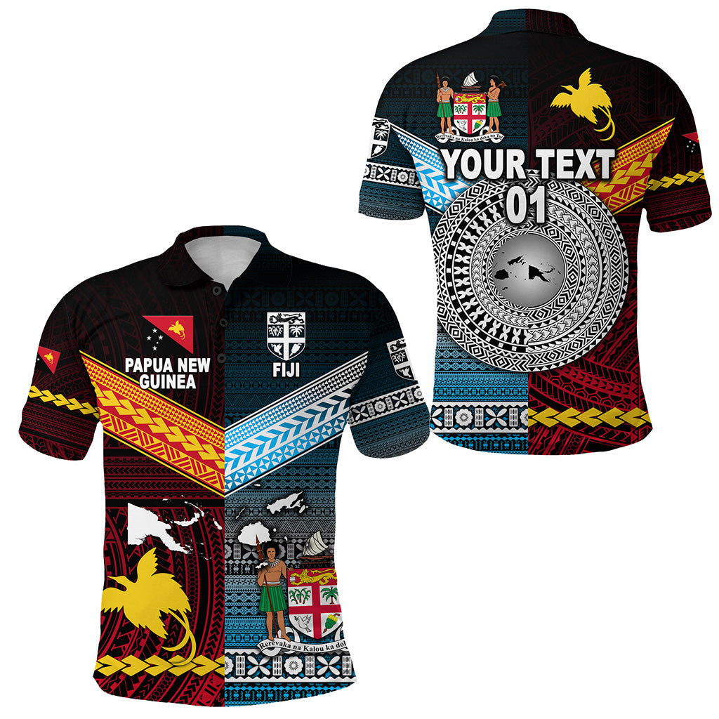 Custom Personalised Papua New Guinea Polynesian And Fiji Tapa Together Polo Shirt - Blue, Custom Text And Number