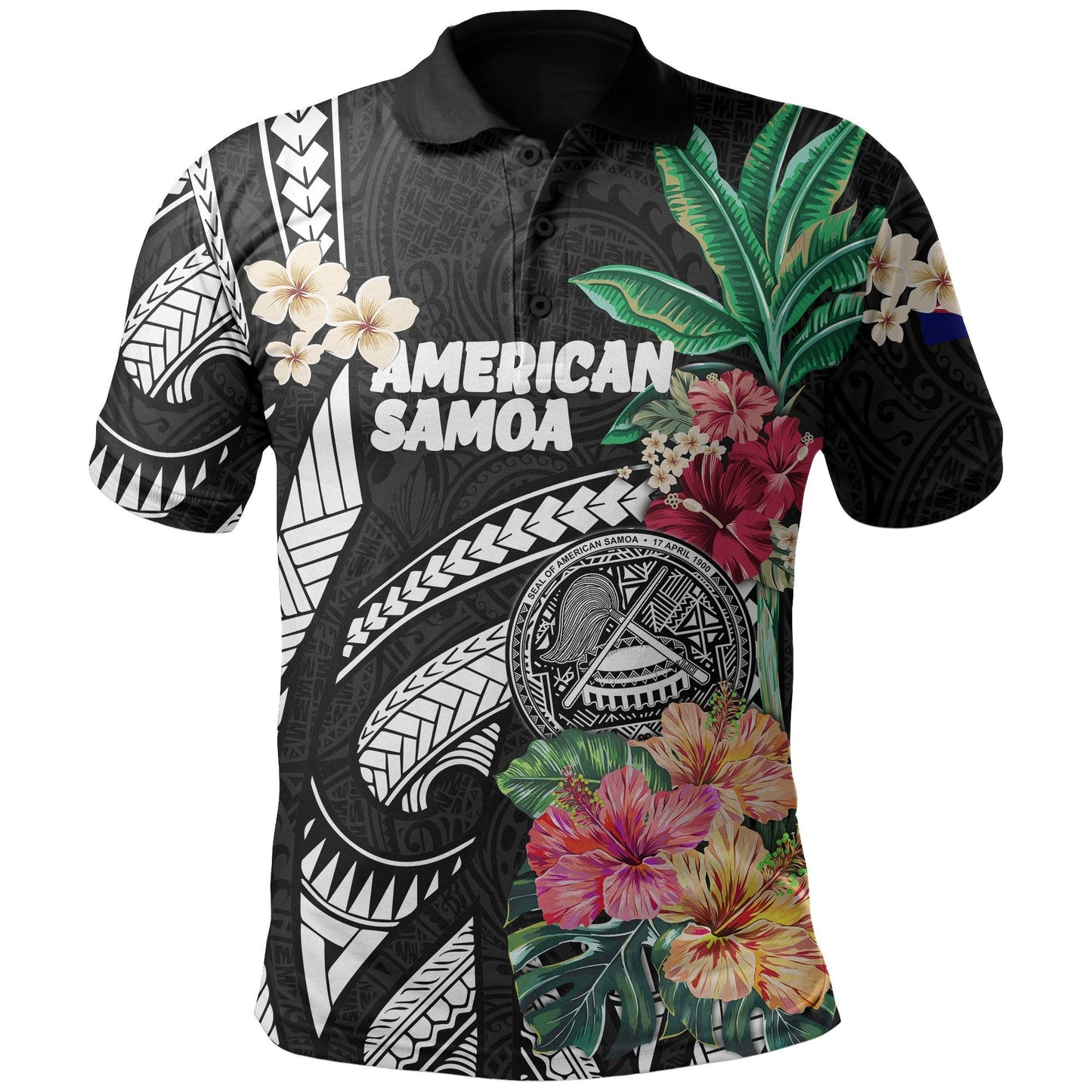 American Samoa All Over Print Polo Shirt Coat Of Arms Polynesian With Hibiscus