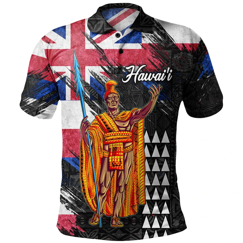 King Of Hawaii Polo Shirt Polynesian Tribal Pattern Vintage Hawaii Flag Kamehameha Shirt