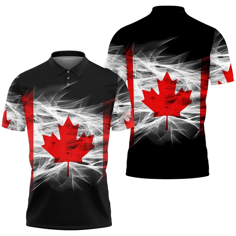 Maple Leaf Flag Men's Polo Shirt Black Canada Printed Shirt