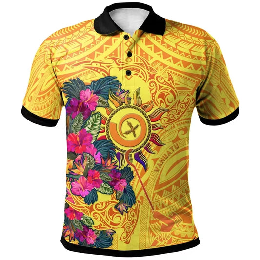 Polynesian Flowers Pattern Yellow Polo Shirt For Men 3D Tropical Island Polynesian Tribal Shirt
