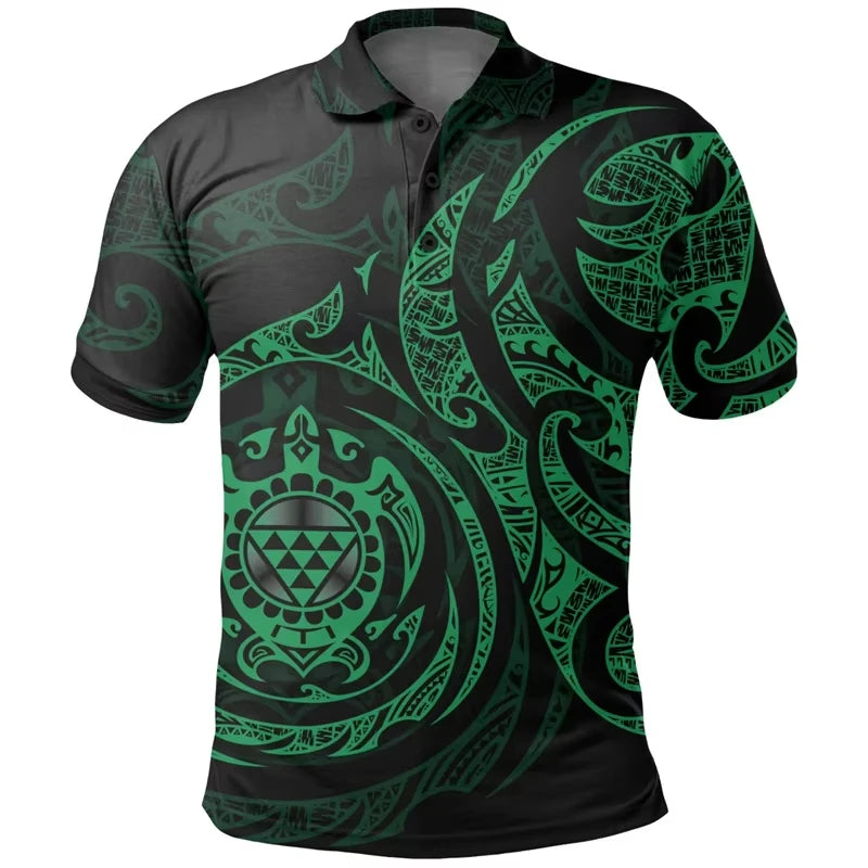 Polynesian Turtle Pattern Green Polo Shirt For Men 3D Tropical Island Polynesian Tribal Shirt