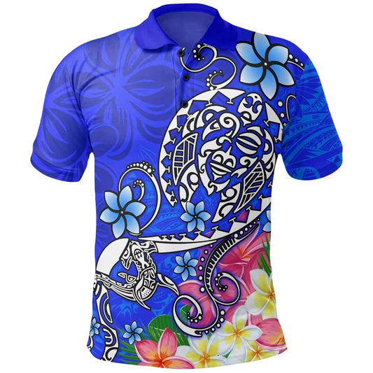Polynesian Turtle Pattern Blue Polo Shirt For Men 3D Tropical Island Polynesian Tribal Shirt