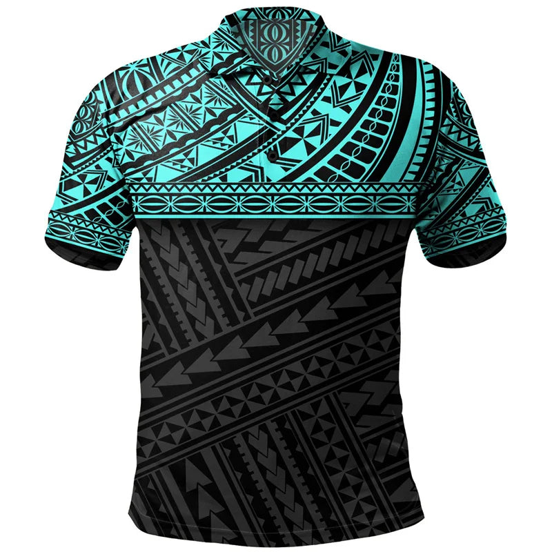 Polynesian Tribal Pattern Light Blue Polo Shirt For Men 3D Tropical Island Print Short Sleeves T Shirt