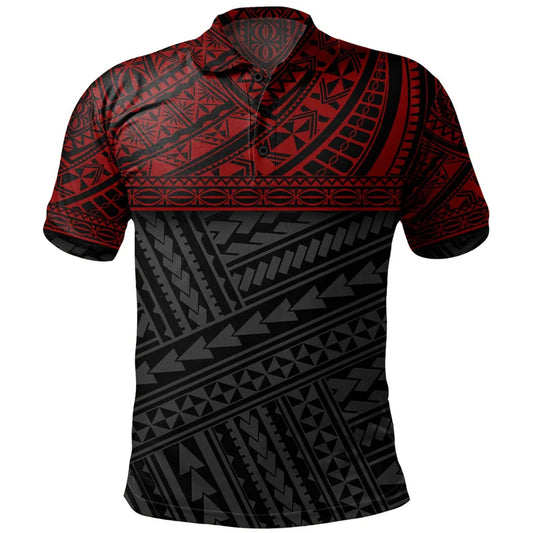 Polynesian Tribal Pattern Red Polo Shirt For Men 3D Tropical Island Print Short Sleeves T Shirt