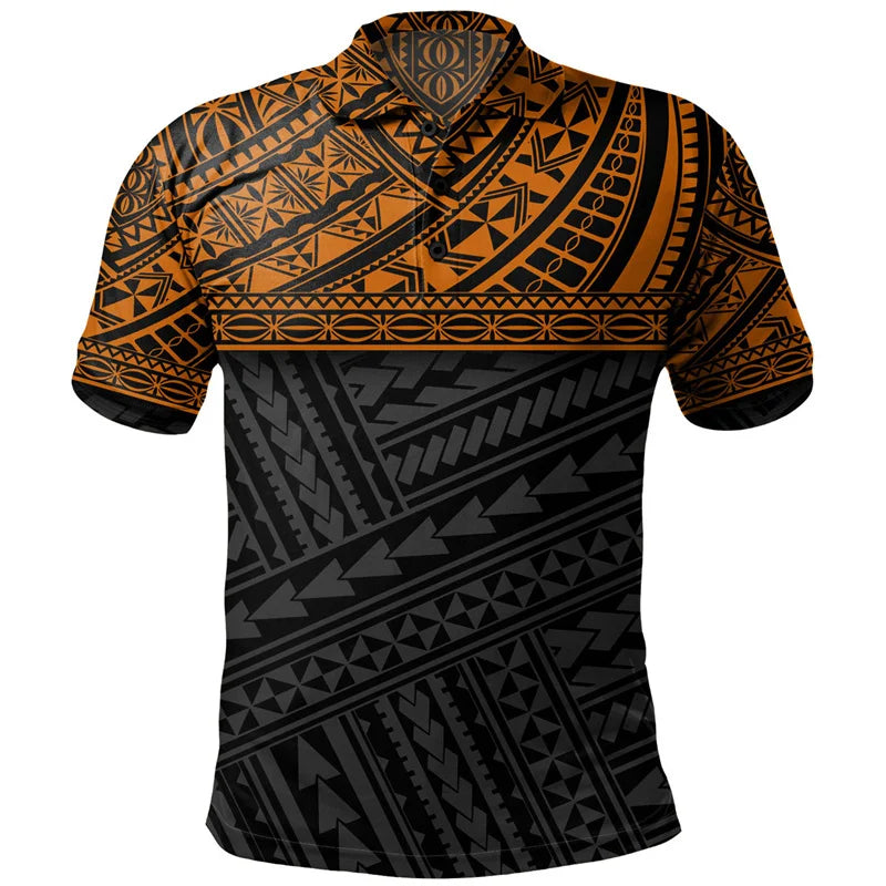 Polynesian Tribal Pattern Orange Polo Shirt For Men 3D Tropical Print Short Sleeves T Shirt