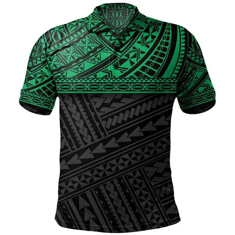 Polynesian Tribal Pattern Green Polo Shirt For Men 3D Tropical Print Short Sleeves T Shirt