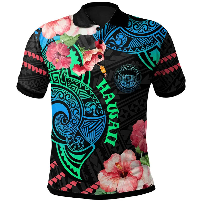 Hawaii Polynesian Tribal Pattern Polo Shirt For Men 3D Tropical Island Flowers Print Short Sleeves T Shirt