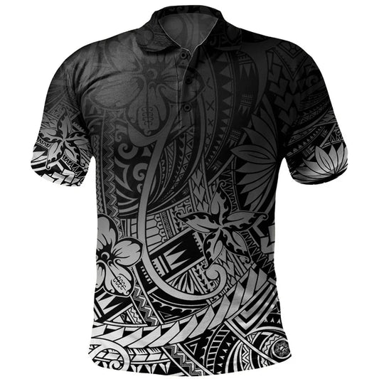 Polynesian Tribal Flowers Pattern Printed Polo Shirt For Men 3D Tropical Island Short Sleeves Shirt