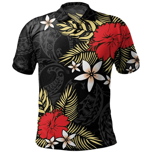 Polynesian Tribal Flowers Pattern Polo Shirt For Men 3D Tropical Island Print Short Sleeves Black Shirt