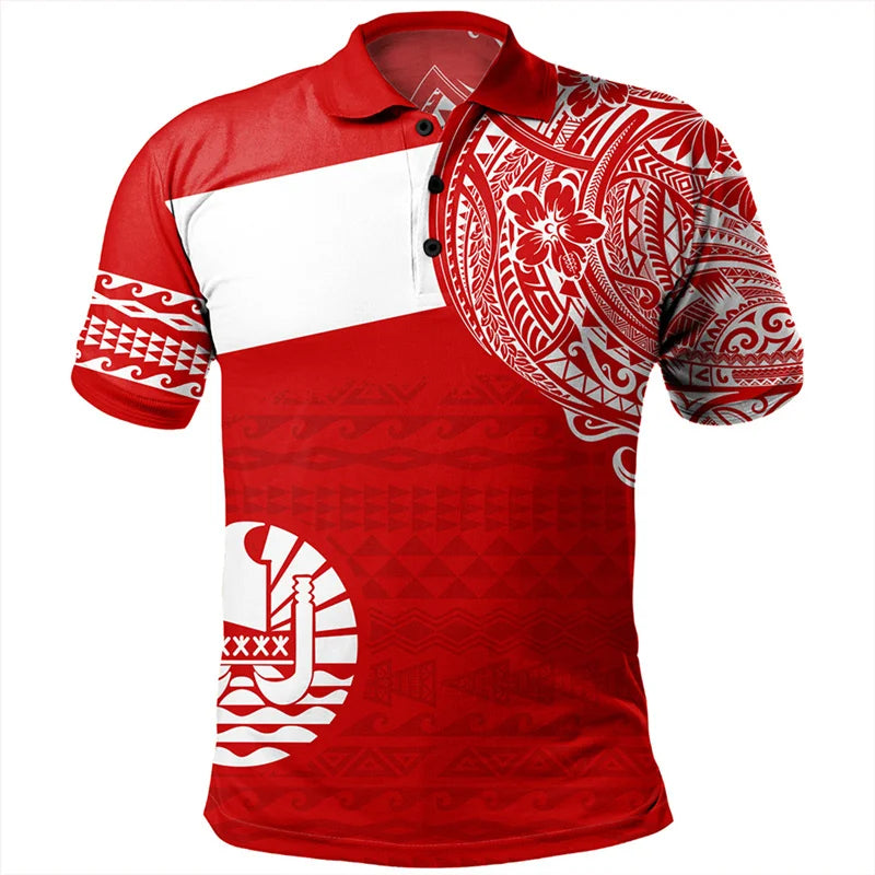 Polynesian Tribal Pattern Polo Shirt For Men 3D Tropical Island Print Short Sleeves Red Shirt