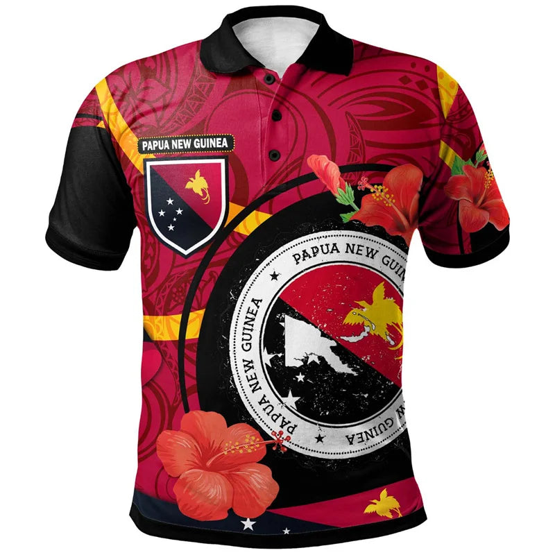 Papua New Guinea Polo Shirt Polynesian Tribal Hibiscus Pattern Papua New Guinea Flag Style Short Sleeve Shirt
