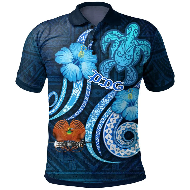 Papua New Guinea Flag Polo Shirt Sea Turtle Hibiscus Flowers Pattern Printed Shirt