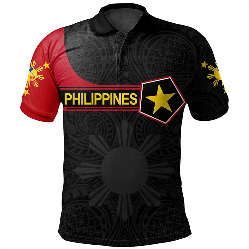 Philippines Polo Shirt For Men Polynesian Tribal Pattern Philippines Flag Curve Style Printed Black Shirt