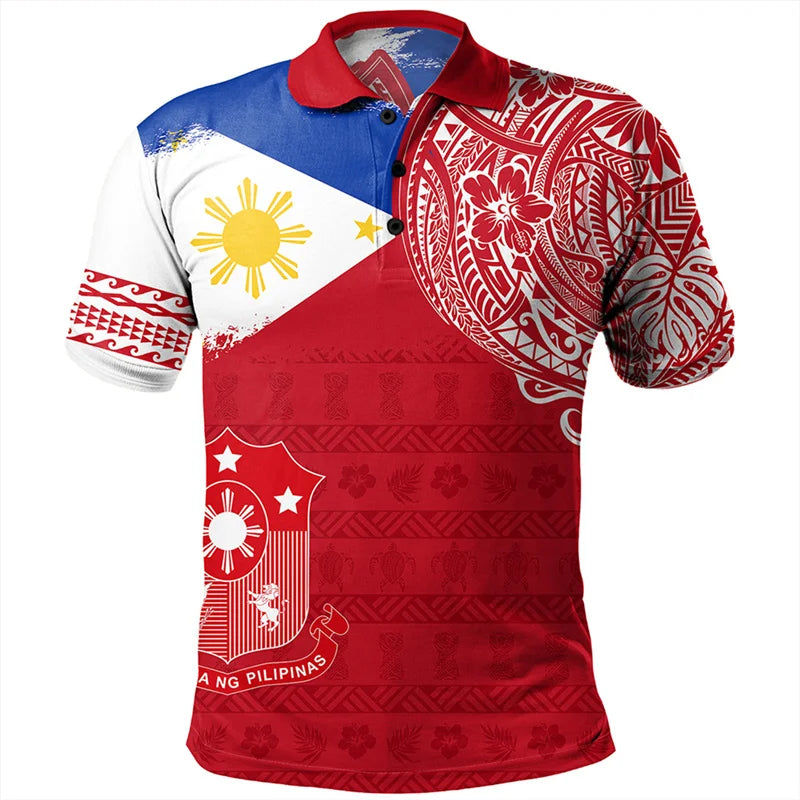 Philippines Polo Shirt For Men Polynesian Tribal Tropical Flowers Printed Shirt