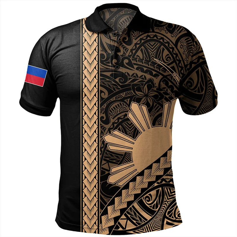 Philippines Pattern Polo Shirt For Men Hawaiian Polynesian Tribal Printed Gold Shirt