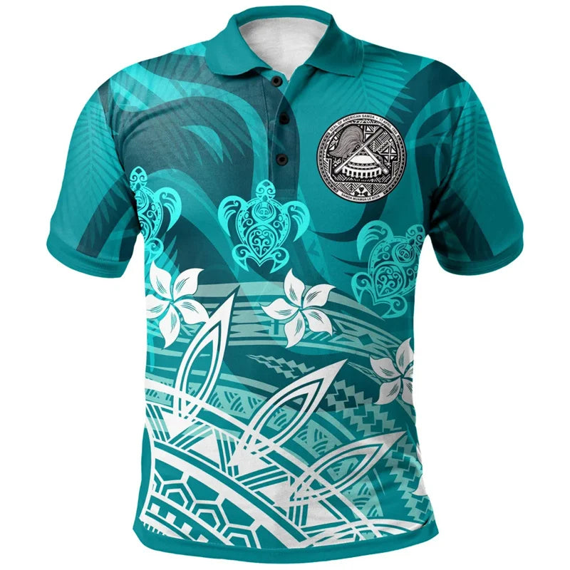 American Samoa Tribal Styles Print Polo Shirt Polynesian Tribal Sea Turtle Flower Pattern Blue Men Shirt