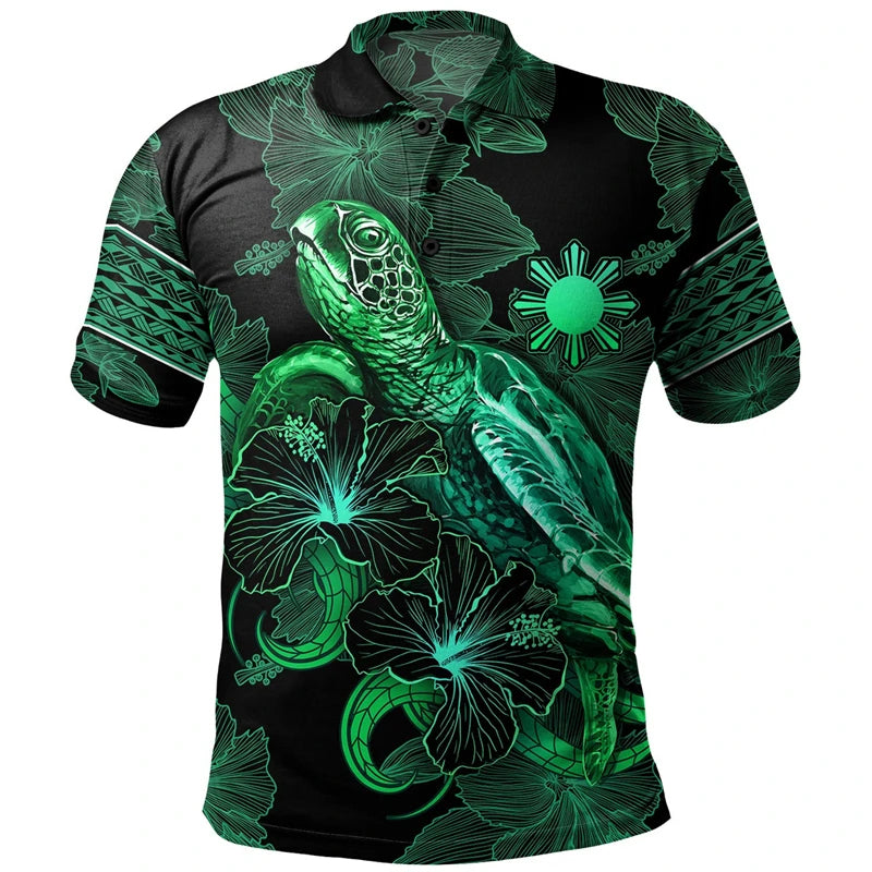 Philippines Tribal Polynesian Patterns Polo Shirt Sea Turtle Tropical Flowers Pattern Polo Shirt