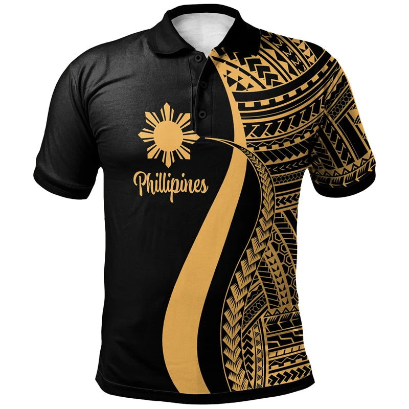Philippines Tribal Polynesian Patterns Print Polo Shirt Proud To Be Philippines Gold Curve Style Polo Shirt