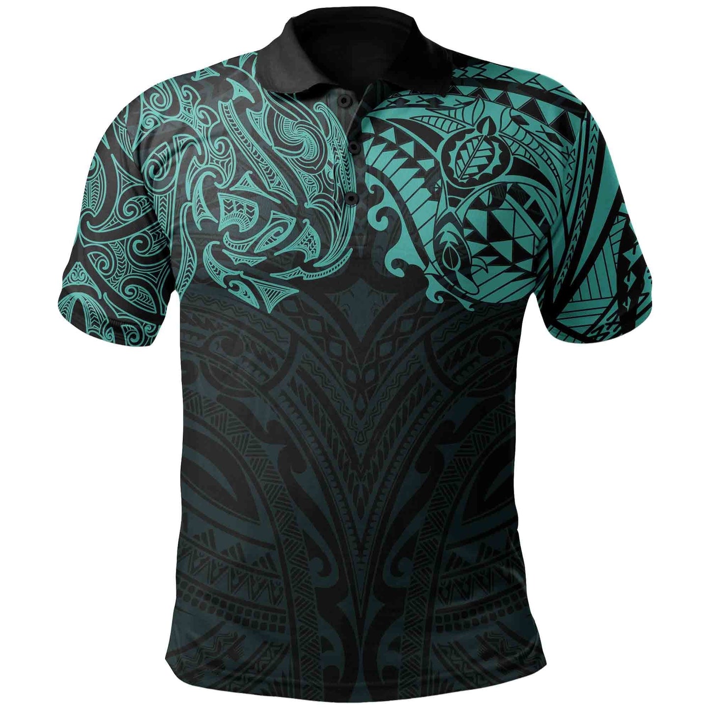 New Zealand Polo Shirt, Maori Polynesian Tattoo Turquoise
