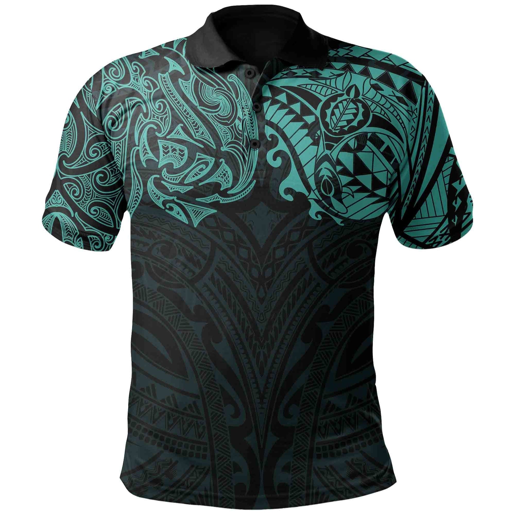 New Zealand Polo Shirt, Maori Polynesian Tattoo Turquoise