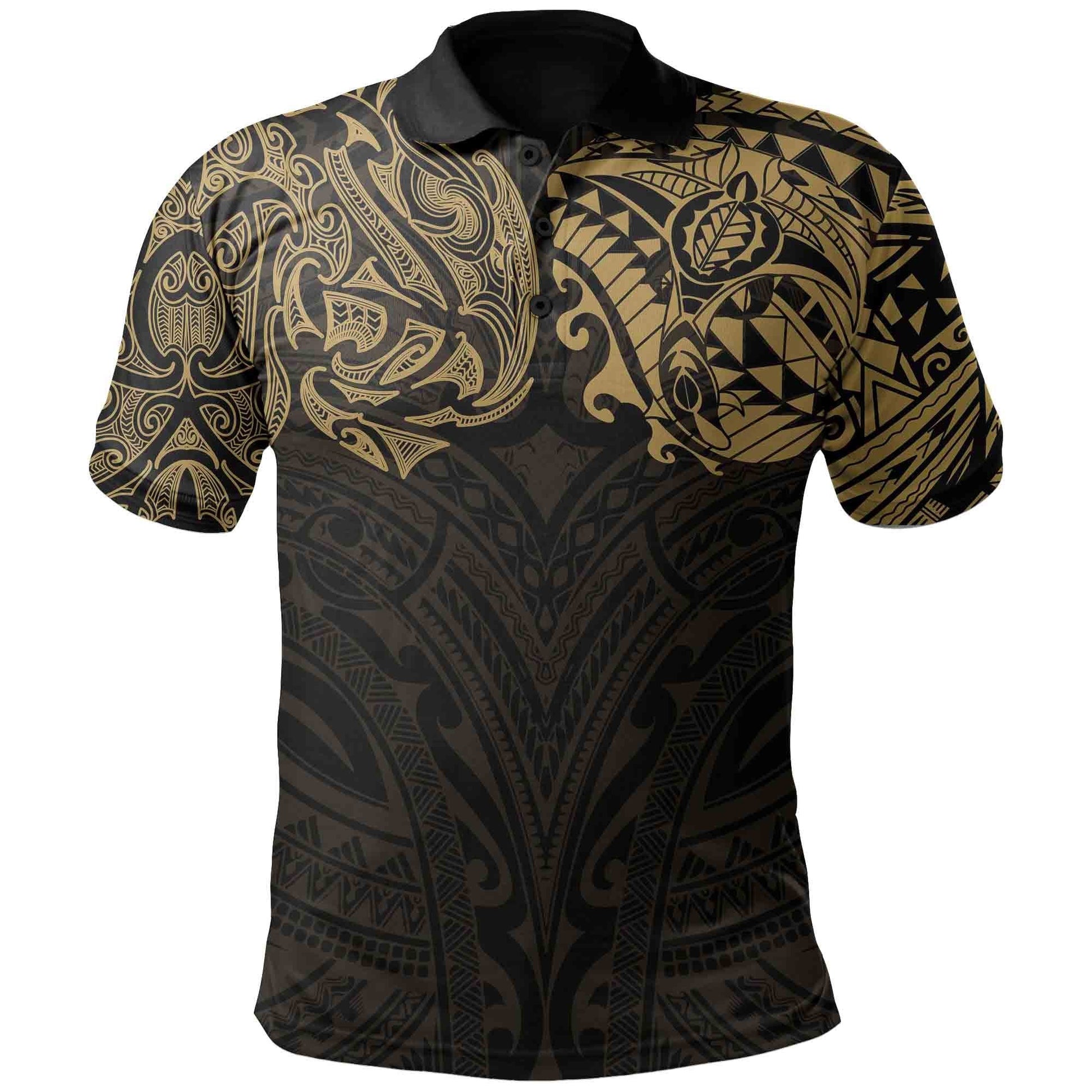 New Zealand Polo Shirt, Maori Polynesian Tattoo Gold