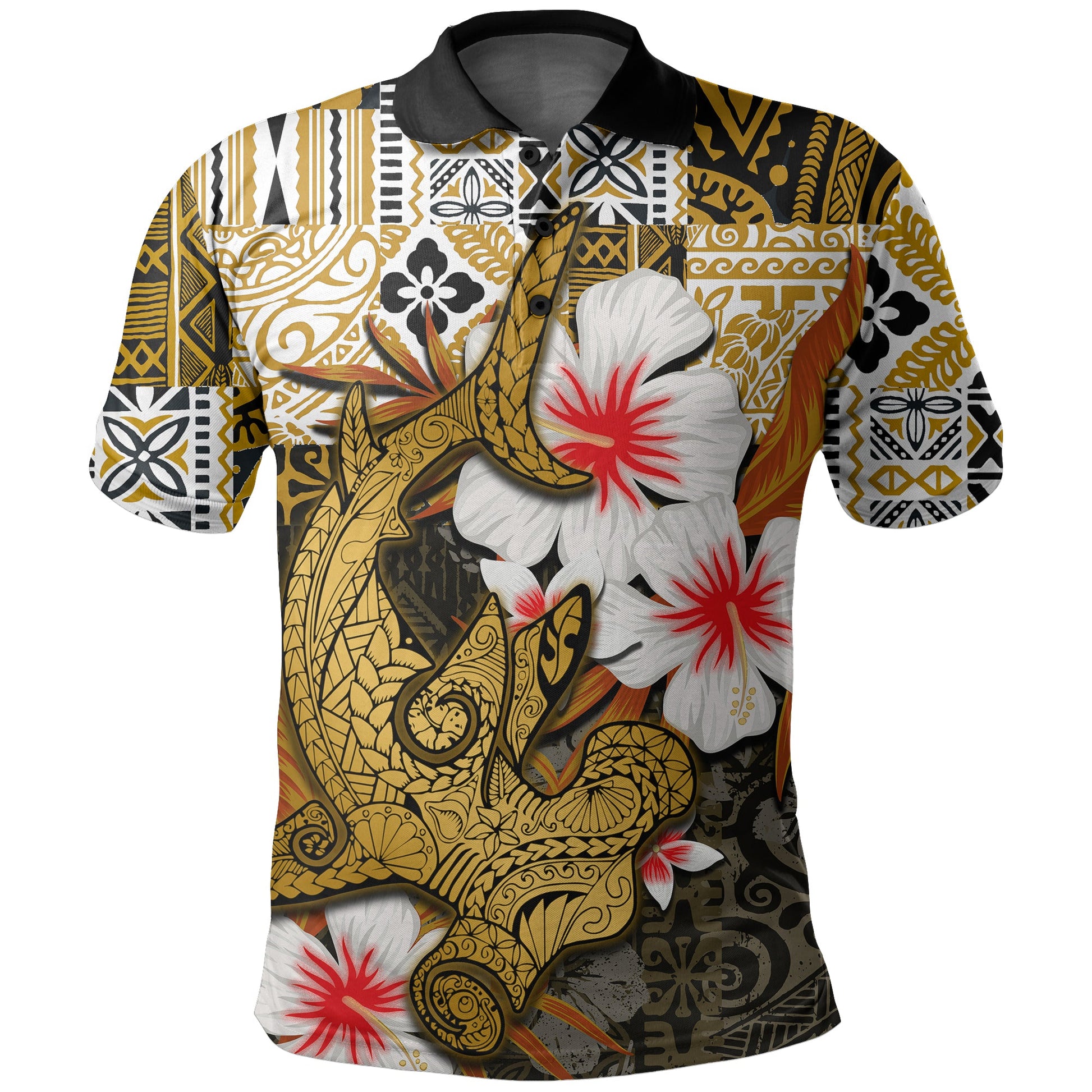 Floral Pattern Hammerhead shark Polo Shirt Hawaii Style Gold Shirt