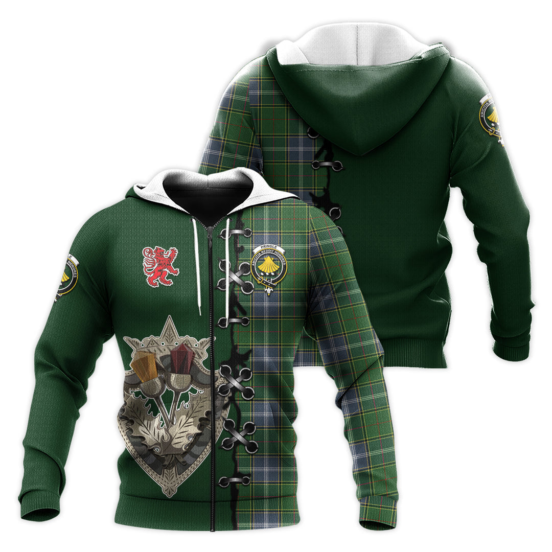 Printivon Pringle Tartan Hoodie Lion Rampant And Celtic Thistle Style