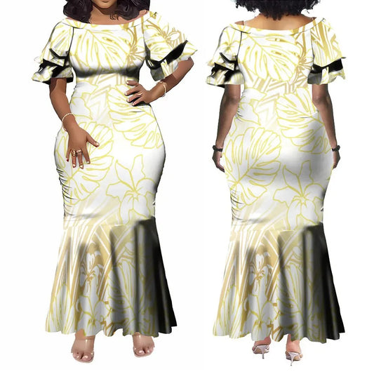 Polynesian Traditional Printed Island Leaf White Fishtail Dress And Hawaiian Shirt Matching Outfit For Couple Set For Him Her