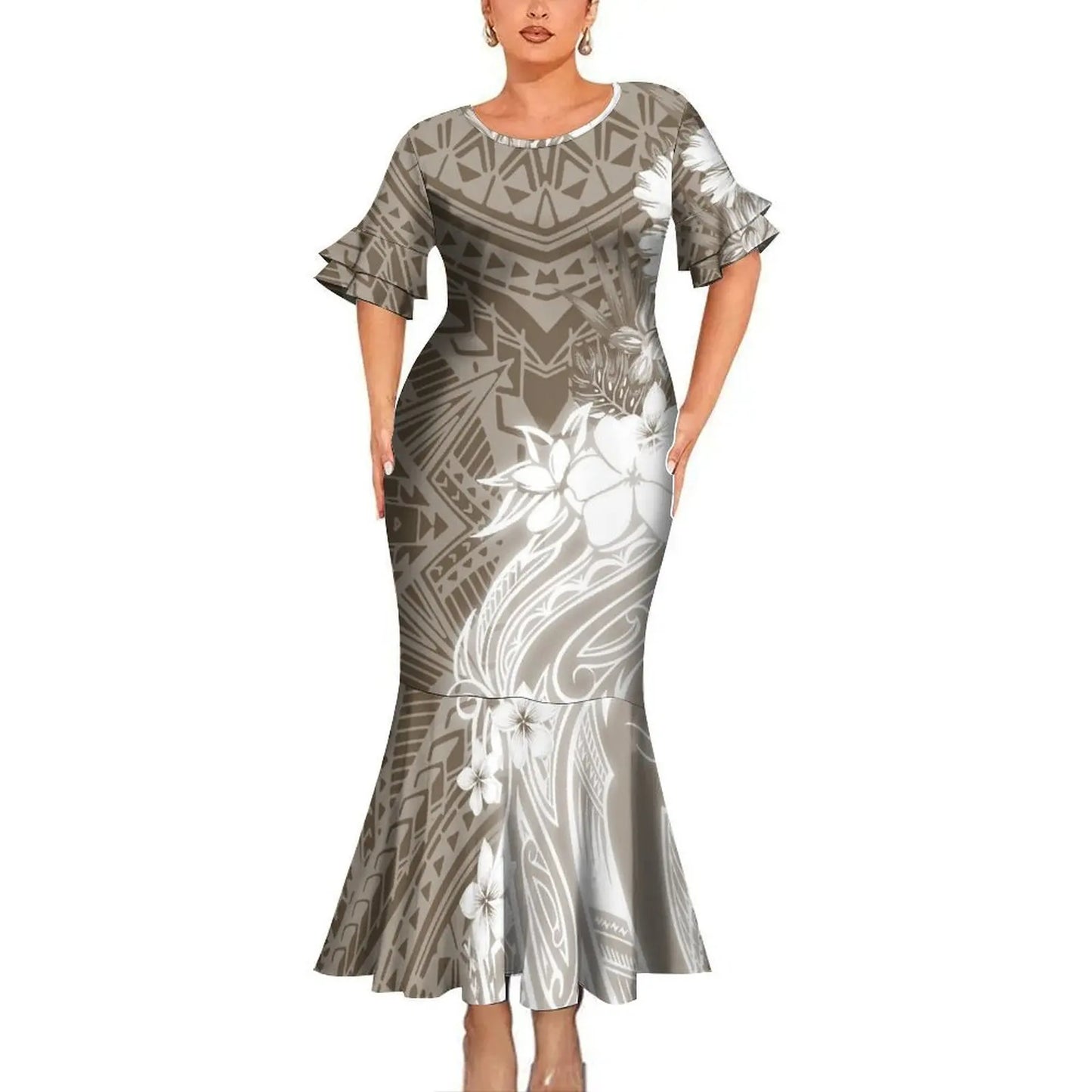 Polynesian Tribal Pattern Flowers Tropical Couples Matching Outfit Fishtail Skirt Dress And Shirt For Her Him