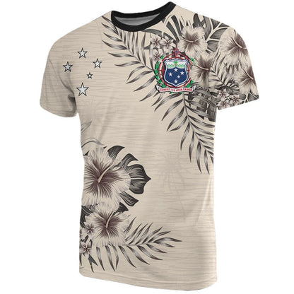 Samoa T - Shirt - Samoa Coat Of Arms Beige Hibiscus