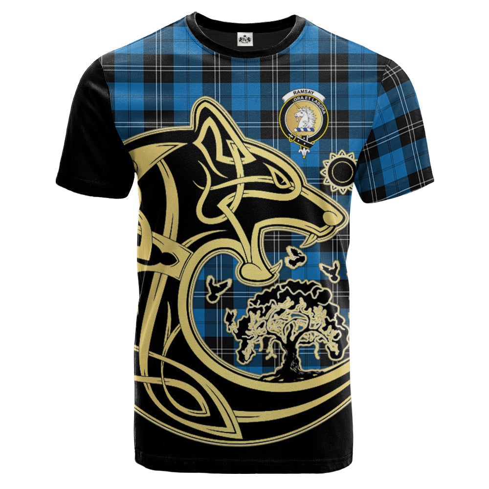 Printivon Ramsay Blue Ancient Crest Celtic Wolf Tartan T Shirt Custom Your Text