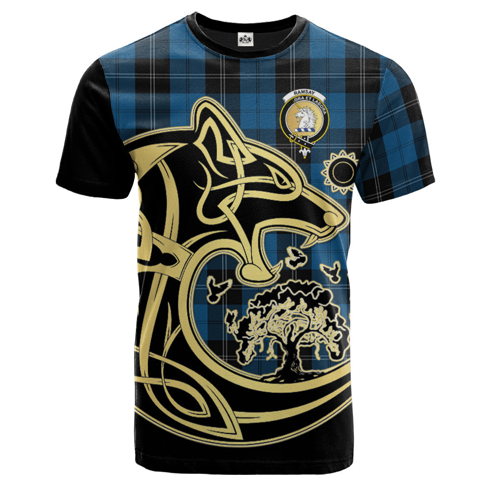 Printivon Ramsay Blue Hunting Crest Celtic Wolf Tartan T Shirt Custom Your Text