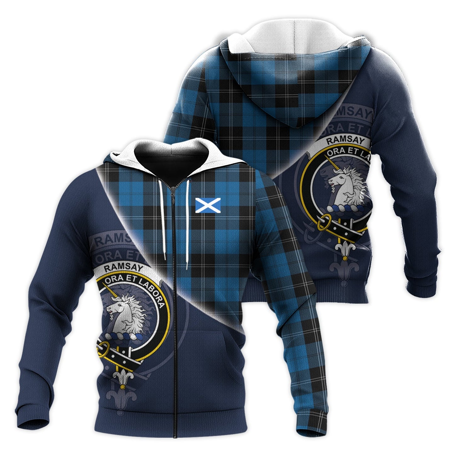 Printivon Ramsay Blue Hunting Tartan Scottish Crest Hoodie