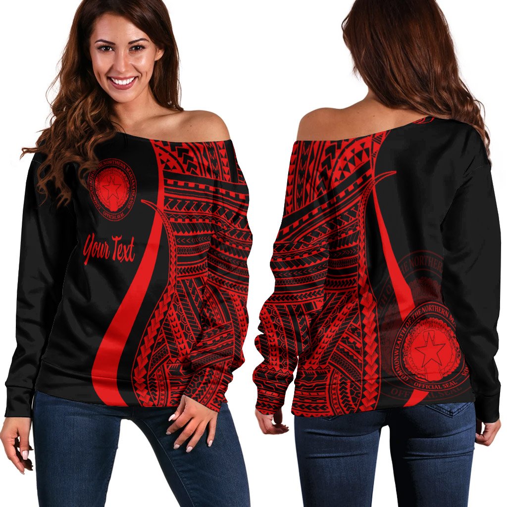 Northern Mariana Islands Custom Personalised Women's Off Shoulder Sweater Red Polynesian Tentacle Tribal Pattern