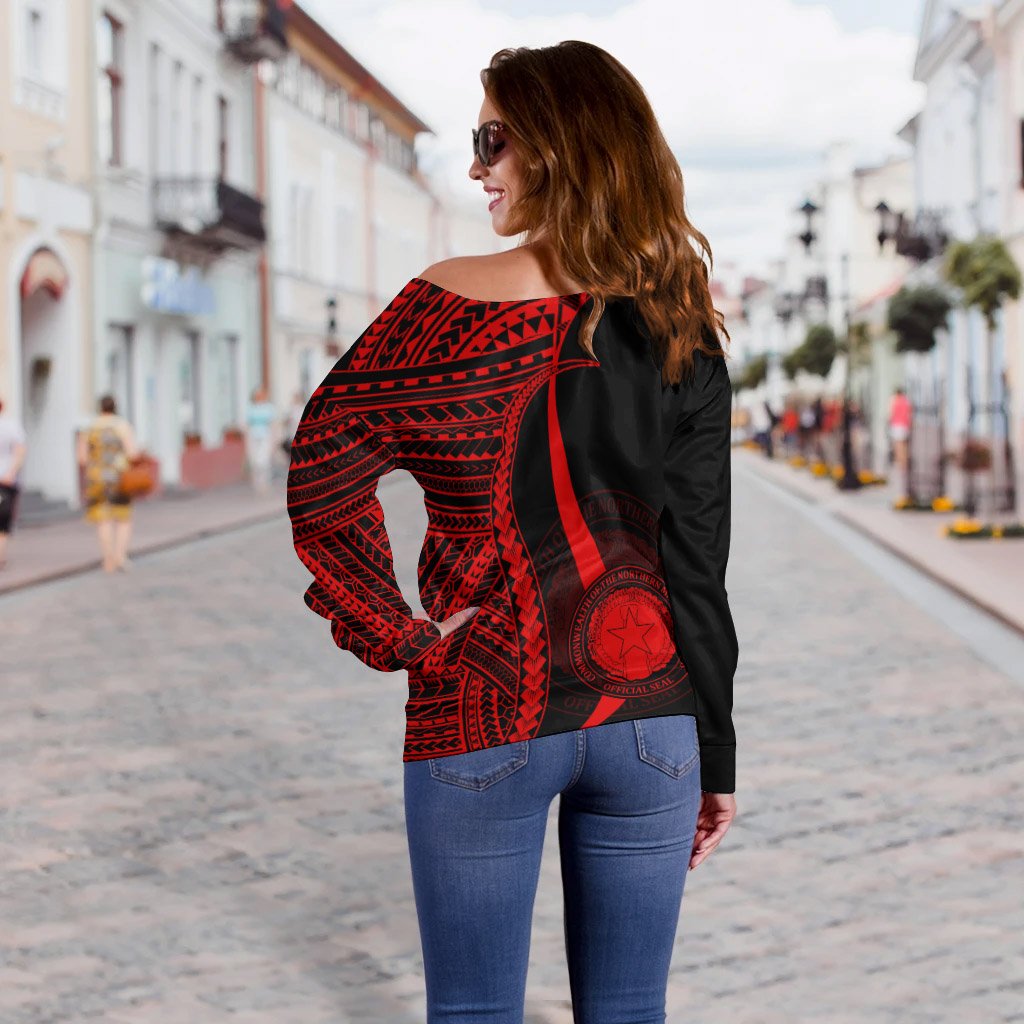 Northern Mariana Islands Custom Personalised Women's Off Shoulder Sweater Red Polynesian Tentacle Tribal Pattern